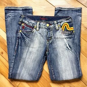 Pepe Jeans London Mid-Rise Flare Jeans Size 32" • Y2K Swirl Embroidery